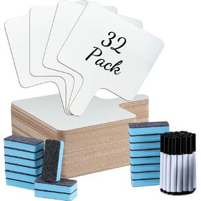 32 Pack Dry Erase Paddles White Answer Board Bulk Double Sided Board Plastic Handheld Paddle Set with Whiteboard Pens and Whiteboard Erasers for Students Classroom Voting Bidding Answering (Square)