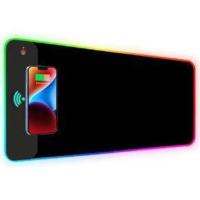 لوحة الماوس RGB للألعاب مع شحن لاسلكي ، وسادة الماوس LED كبيرة مع 10 أوضاع ضوئية ، لوحة مطاطية لوحة مفاتيح ممتدة ، وسادة مكتب مقاومة للماء للمكتب المنزلي ، الأسود