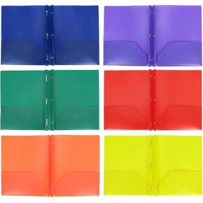 Plastic Folder Set with Prongs 2 Pocket, 6 Folders, Assorted Colors