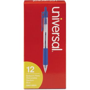 Universal Comfort Grip Ballpoint Pen, Retractable, Medium 1 Mm, Blue Ink, Clear Barrel, Dozen