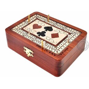2 Track - Wooden Cribbage Board/Box - Inlaid in Bloodwood/Maple Wood - Storage for Pegs & One Deck of Cards - 60 Points - Non Continuous