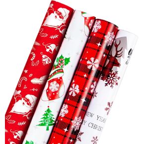 OLIKER 4 Roll Christmas Wrapping Paper Rolls,snowflakes plaids,reindeer,christmas stocking,santa 4 styles of design,17 Inch X 120 Inch Per Roll