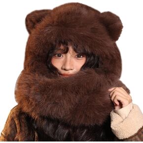 KAHHZA Hooded Scarf Hat Gloves for Women Winter Fur Bear Ears Hat 3 in 1 Plush Animal Hat with Mittens Furry Cute Warm in Saudi Arabia