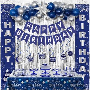 Blue Birthday Decorations for Men Women Boys, Happy Birthday Decorations Navy Blue and Silver, Happy Birthday Banner Balloons Tablecover Fringe Curtain Door Banner, Mens Boy Bday Party Supplies Decor