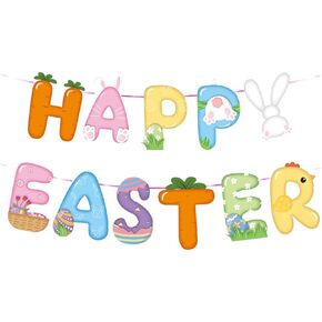 Happy Easter Banner, Colorful Easter Banner Bunny Party Decor with Eggs Chick Carrot Signs Spring Happy Easter Party Decorations for Home Mantle Fireplace Easter Party Decor