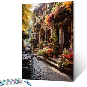 Tucocoo European Architecture Town Paint by Numbers for Adults Rome Scenery DIY Oil Painting Kits for Kids Green Leaves Paintings Pictures Arts Crafts for Home Wall Decor （16x20inch Frameless）