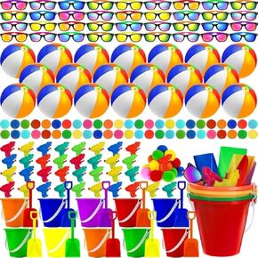 120 Pcs Kids Summer Beach Party Favors Sets- Includes 18 Inflatable Beach Balls Bulk, 36 Sand Bucket and Shovels Set, 24 Neon Sunglasses Bulk, 24 Water Guns,18 Water Balls, Pool Party Gift Supplies