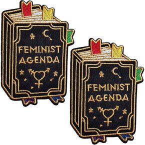 2Pieces Feminist Agenda Book Shape Iron On Sew On Patch, Embroidered Applique Repair Patch for Clothes Jacket Jeans Dress Backpacks