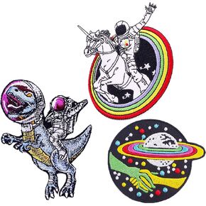 3Pcs Outer Space Astronaut Iron On Patch, Funny Alien Astronaut Ride Horse Dinosaur Embroidered Patch for Bags Hats Clothes Jacket Jeans Backpacks