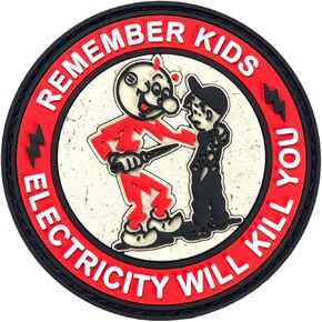 Remember Kids Electricity Will Kill You PVC Patch - Reddy Kilowatt Funny Tactical Patches with Hook and Loop Fastener, Morale Patches for Backpacks, Military Uniforms, Jeans, Jackets, Vests, Hats
