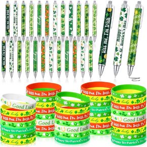Gersoniel 72 Pcs St Patricks Day Party Favors Bulk St Patrick's Day Bracelets Ballpoint Pens Gifts Set Green Shamrock Wristbands Lucky Clover Pens for Irish Party Office Supplies Accessories