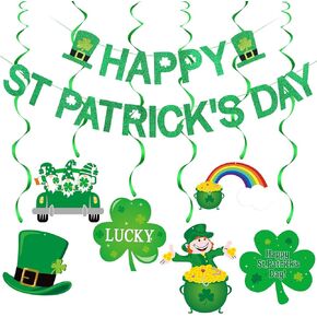 Green Glitter Happy St Patricks Day Banner and Shamrock Hanging Swirls for Happy Saint Patricks Day Banner Decorations