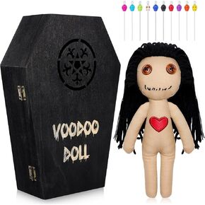 12 Pcs Voodoo Doll Kit Include Creepy Dolls 10 Pcs Skull Pins Wooden Coffin Box Haunted Doll Halloween Scary Ghost Voodoo Ornaments Fidget Toys Stress Relieving(Female)