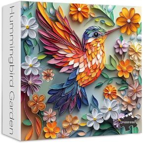 Hummingbird 1000 Piece Puzzle for Adults, PICKFORU Bird Flower Jigsaw Puzzle 1000 Pieces, Quilling Paper Cut Art Puzzle, Challenging Floral Garden Puzzle as Wall Decor