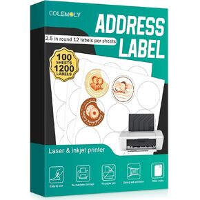 Colemoly Round Labels - 100 Sheets 2.5"(12 UP) Mailing Circle Sticker Paper for Laser/Inkjet Printer 1200 Blank White Matte Adhesive