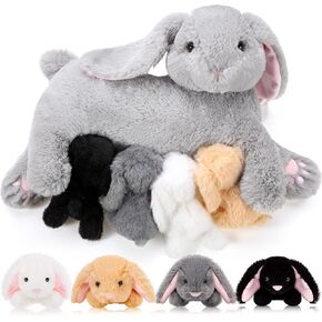 HyDren 5 Pcs Nursing Bunny Plush Toys Set 15 Inch Mommy Bunny Stuffed Animal with 4 Magnetic Baby Rabbit Plushies for Kids Birthday Baby Shower Party Favors Easter Basket Stuffers