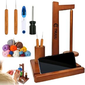 Yarn Holder for Knitting and Crocheting, Wooden Yarn Spool Rack with Phone Stand Crochet Accessories Storage and 2 Crochet Hooks and Scissors Magnetic Yarn Holder for Crocheting and Knitting Lovers