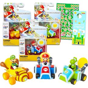 Super Mario Pull Back Toy Race Car 3 Pack - Bundle with Mario Pull Back Car Toy Featuring Mario, Luigi, Yoshi Plus Stickers, More | Super Mario Bros Race Car Set for Kids, Boys