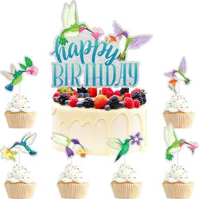 7 Pieces Hummingbird Cake Topper Set Bird Theme Happy Birthday Decorations, Tropical Bird Theme Party, Baby Shower, Girls, Women, Mother Birthday Party Decoration Supplies. LIANGSS