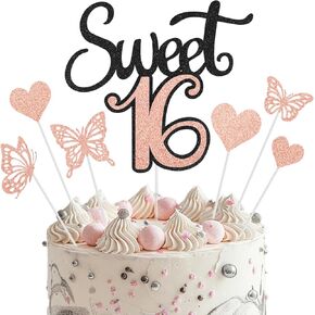 Sweet 16 Cake Topper, Silver Rose Gold Happy 16th Birthday Cake Topper for Girls, 16 Years Old Birthday Party Glitter Cake Decorations Supplies