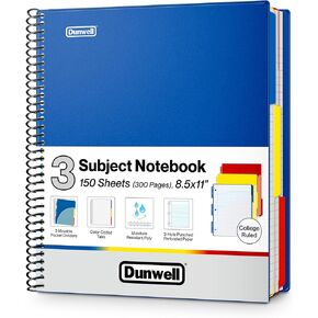 Dunwell 3-Subject Notebook College Ruled 8.5 x 11 (Black), 150 Sheets (300 Pages), Spiral Notebook 8.5x11 with Tabs, Movable Dividers, Storage Pockets, Protective Plastic Covers