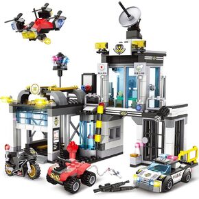 City Police Station Building Set, Compatible with Lego Police, 564PCS City Police Sets with Police Car, Motorcycle, Trailer and Drone, Compatible with Lego Police Kits, Gift for Boys 6-12