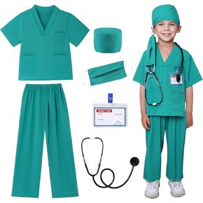6Pcs Doctor Costume for Kids 3-9 Years Halloween Dress up Cosplay for Boy Girl Toddler Nurse Scrubs with Accessories