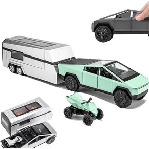 Pickup Trailer RV Model, 1/32 Metal Diecast Toy Truck with Beach Motorcycle, Pickup Truck Model Toy with Pull/Sound/Light,Cars Toys Gifts for Boy Girl Adult (Grey 1:32, with RV)