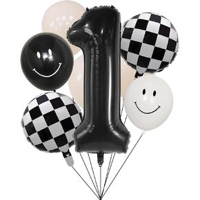 100% LIKED Two Cool Balloon Set, 40" Black & White Smiley Face Latex, Checkered Foil for Cool Birthday Decorations, Party Deco, Baby Shower, 2nd Birthday Party Supplies