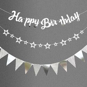 CANREVEL 3 PCS Iridescent Happy Birthday Banners, Hanging Star Garland and Pennant Banner Flags, Sparkling Iridescent Party Decorations, Iridescent Party Supplies for Women Men Girls Boys Adults
