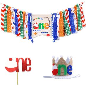 1st Birthday Decoration One Banner,Fishing Birthday Party Supplies Banner and One Cake Topper One Hat,1st Birthday Banner For Baby Shower