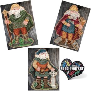 Mill Hill Celtic Santa Set (2015) Set of 3 Beaded Cross Stitch Kits Including Scotland, Whales and Ireland Santas, Plus Decorative 'Needleworker' Sticker
