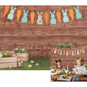 Happy Easter Backdrop Spring Rabbit Carrot Green Grass Eggs Baby Shower Backdrop Brown Wooden Wall Easter Party Decoration (7x5ft)