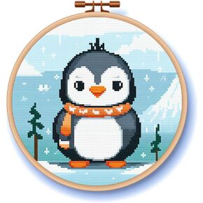 Cartoon Simple Penguin 11CT Stamped Cross Stitch Kits Easy for Beginners Child with Hoop DIY Needlepoint Counted Embroidery Kits Art Craft Wall Decor 12x12IN(5)