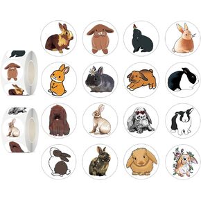 600 Pcs Rabbit Stickers Rolls for Kids-Round 1.5 Inch 16 Tyles Cute Rabbit Kindergarten Stickers Teacher Stickers for Kids Birthday Party School Reward Giveaways