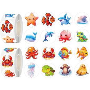 600 Pcs Sea Animals Stickers for Kids- 1.5 Inch Round Stickers Roll 16 Tyles Cartoon Ocean Life Kindergarten Stickers Teacher Stickers for Kids Birthday Party School Reward Giveaways