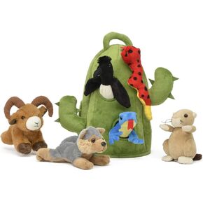 Plush Cactus Desert Animal House with Animals - Six (6) Stuffed Desert Animals (Snake, Lizard, Bighorn Sheep, Coyote, Prairie Dog, Roadrunner) in Play Cactus Carrying House