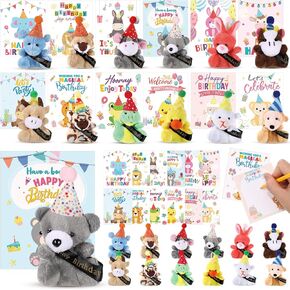 Birthday Mini Animal Plush Toy with Hats, Birthday Party Decor Stuffed Animal Bulk for Student Classroom Reward Gifts Goodie Bag Stuffers(24 Pcs,Plush Animal)