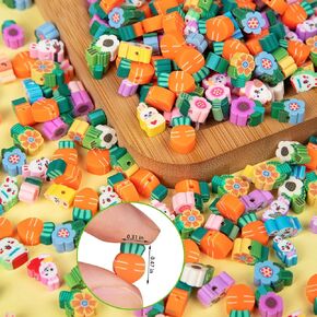 250PCS Easter Polymer Clay Beads, Colorful and Cute Rabbit Flower Carrot Beads Charms for Jewelry Making, Bracelets Making DIY Necklace Accessories Gifts