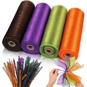 4 Roll Easter Poly Mesh Ribbon Spring Easter Wired Edge Ribbon Poly Decor 10 Inch x 30 Feet Metallic Mesh Decor and 100 Pieces Wreath Tube Cleaners Chenille Stems (Blue, Light Yellow, Pink, Yellow)