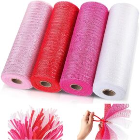 4 Roll Easter Poly Mesh Ribbon Spring Easter Wired Edge Ribbon Poly Decor 10 Inch x 30 Feet Metallic Mesh Decor and 100 Pieces Wreath Tube Cleaners Chenille Stems (Blue, Light Yellow, Pink, Yellow)