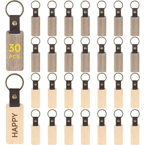 30 Pcs Leather Wooden Keychain Blanks, Beech Walnut Keychains with Leather Straps & Metal Rings, Rectangular Blank Tags, Unfinished Wood Key Tags for Engraving, DIY Crafts, Personalized Gifts