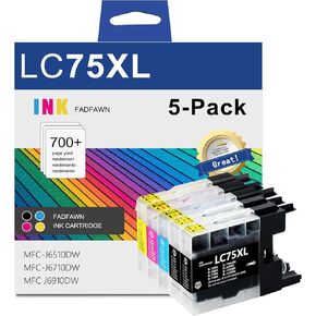 LC75XL High Yield Ink Cartridges Replacement for Brother LC75 LC71 LC79 XL Ink Cartridge Use with MFC-J6510DW MFC-J6710DW MFC J6910DW J280W Printer (2 Black, Cyan, Magenta, Yellow 5-Pack)