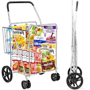 Byroce Folding Shopping Cart, Jumbo Grocery Cart on Wheels w/Double Basket, Portable Handle & Rolling Swivel Wheels, Heavy Duty Utility Cart for Groceries Laundry Book Travel Luggage (Black)