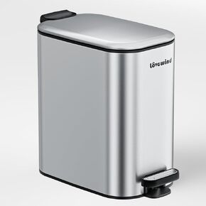 Bathroom Trash Can with Lid, 1.6 Gallon/ 6 Liter Stainless Steel Garbage Can with Removable Inner Bucket, Step Pedal Wastebasket-Narrow Waste Bin for Bathroom, Toilet, Office, Bedroom, Silver