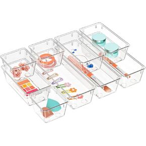 9 Pack Clear Drawer Organizer Set, Acrylic Drawer Storage Trays, Storage Bins for Makeup, Cosmetics, Jewelries, Utensils, Gadgets, Office
