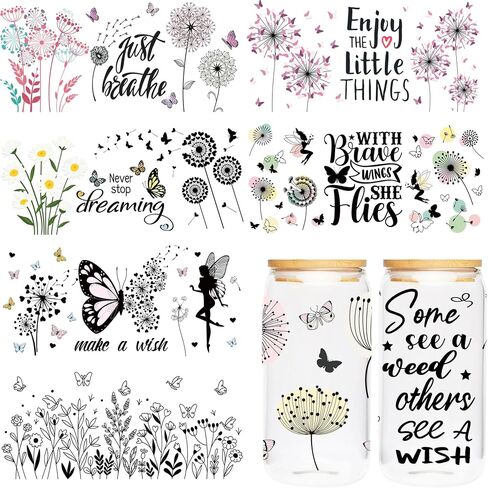 UVDTF Cup Wrap Sticker - 8 Sheet Dandelion UV DTF Transfer, Inspirational Decal for 16 oz Glass Cup, Mental Health, Breathe, Floral, Butterfly Design, Balance Sticker for Adults, Teachers in Saudi Arabia