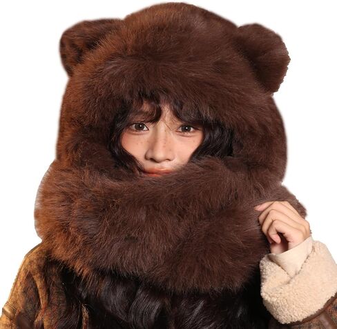 KAHHZA Hooded Scarf Hat Gloves for Women Winter Fur Bear Ears Hat 3 in 1 Plush Animal Hat with Mittens Furry Cute Warm in Saudi Arabia