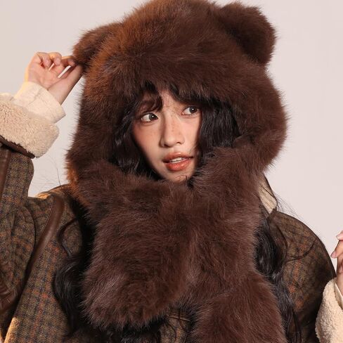 KAHHZA Hooded Scarf Hat Gloves for Women Winter Fur Bear Ears Hat 3 in 1 Plush Animal Hat with Mittens Furry Cute Warm in Saudi Arabia