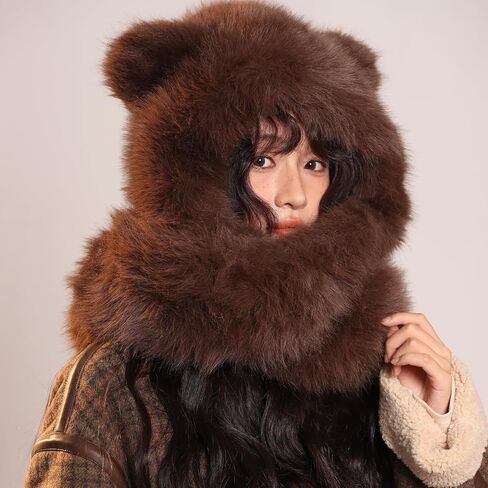 KAHHZA Hooded Scarf Hat Gloves for Women Winter Fur Bear Ears Hat 3 in 1 Plush Animal Hat with Mittens Furry Cute Warm in Saudi Arabia
